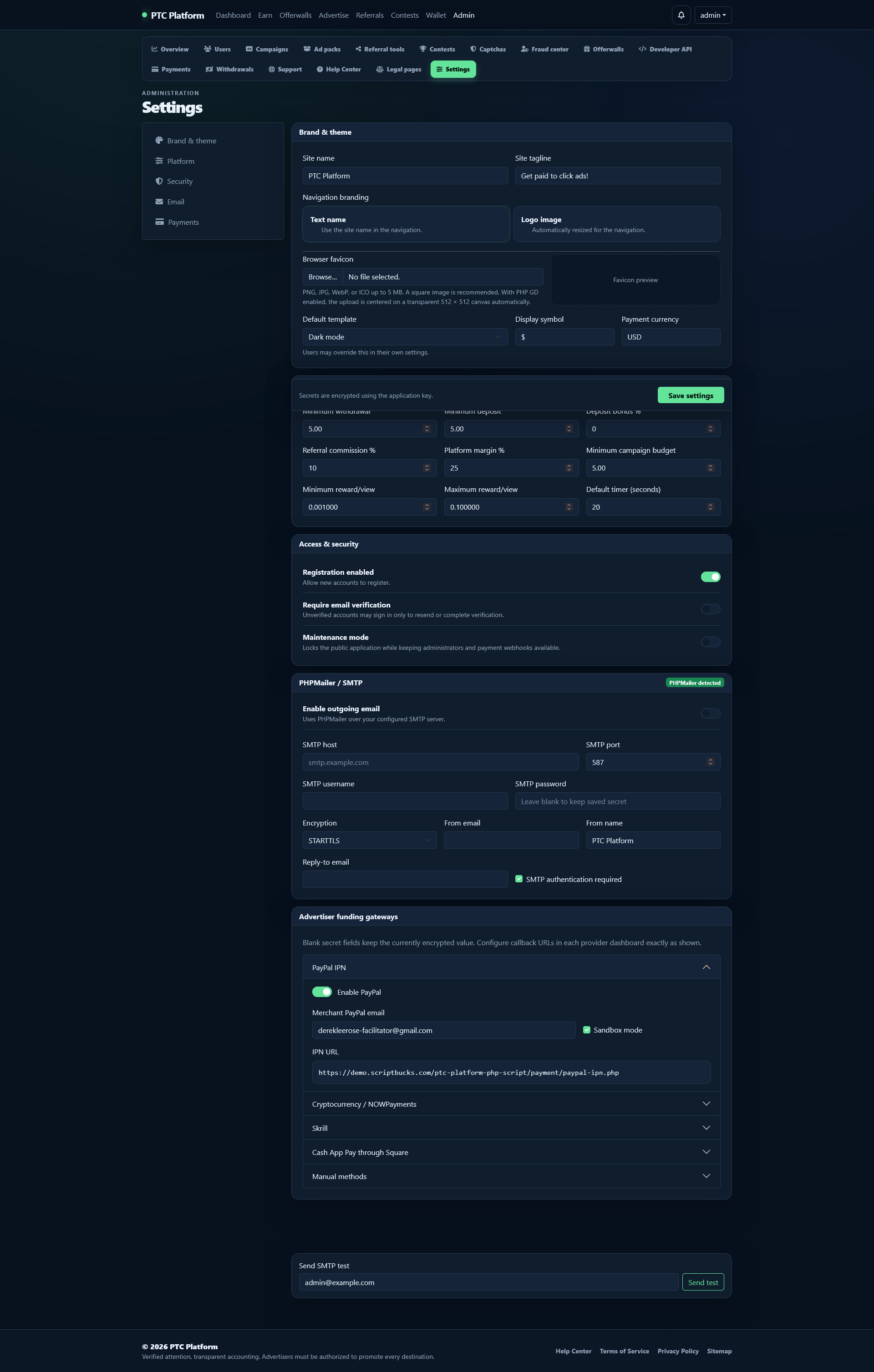 Paid-to-Click (PTC) PHP Script - Screenshot 2026-08-14 at 06-24-39 Admin settings PTC Platform